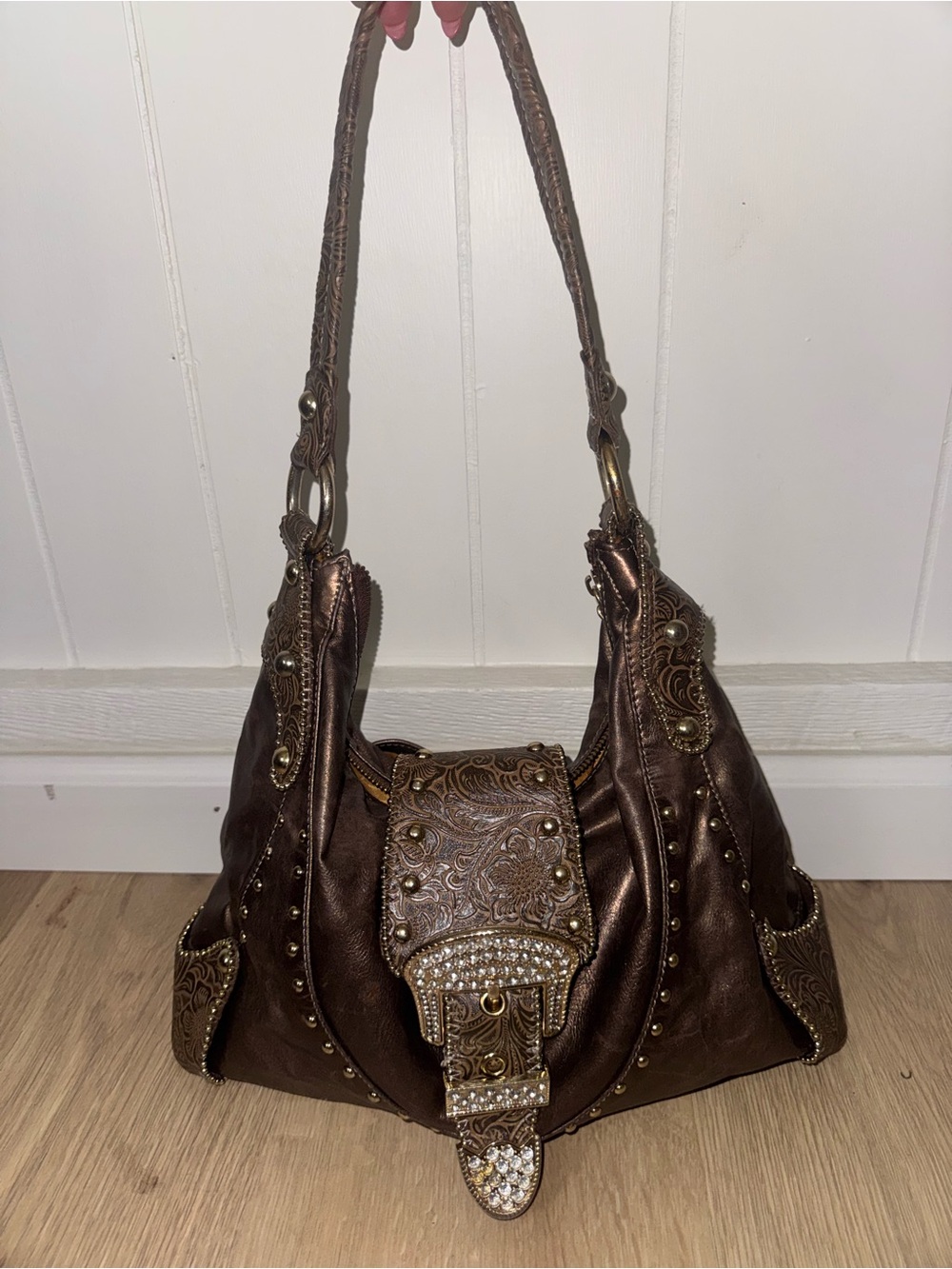 Kathy Van Zeeland Brown Embellished Shoulder Bag with Gold Accents